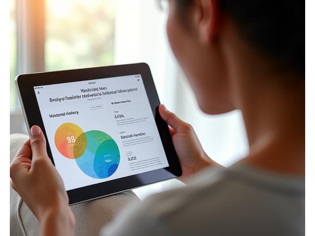 Modern interface of the Lumina Wellspring app showing personalized health data on a tablet, with soft, ambient light.