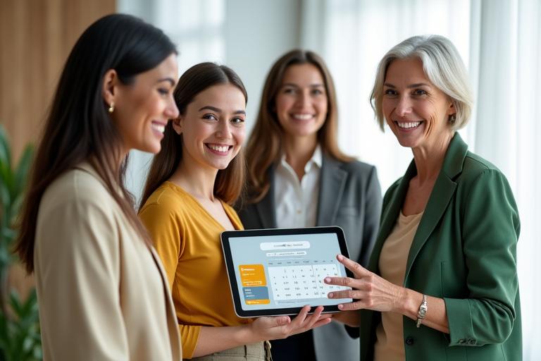 A diverse group of wellness experts in a bright, modern office, smiling confidently with a tablet displaying a booking calendar. The image conveys professionalism and approachability.