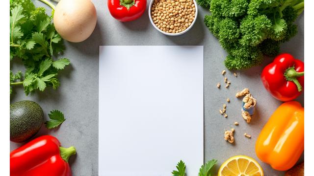 A colorful flat lay of fresh, healthy ingredients and a meal prep guide, symbolizing metabolic optimization.