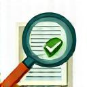 Icon representing expert review: a magnifying glass over a document with a checkmark.