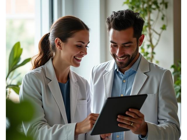 A friendly, professional registered dietitian smiling and interacting with an adult client (35+) over a digital tablet, discussing a personalized nutrition plan in a bright, modern office setting.