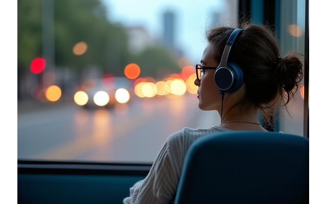 A person calmly listening to music or a podcast on public transport in Austin, despite visible traffic outside, portraying effective commute stress management.