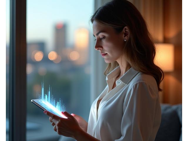 A serene woman using a mental wellness app on a tablet, surrounded by data visualization of stress levels and mindfulness concepts, illustrating the interactive stress assessment and digital toolkit preview.