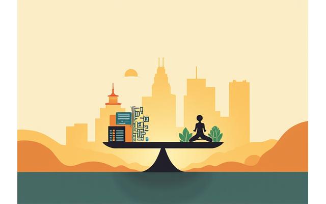 A balanced scale with work symbols on one side and a person practicing yoga on the other, set against an abstract Austin skyline, representing work-life balance for tech professionals.