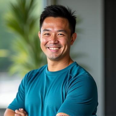 Portrait of Coach David Lee, a fit, approachable male fitness coach with an energetic smile, specializing in functional movement.
