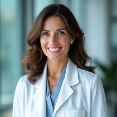 Portrait of Dr. Valerie Stone, a thoughtful female medical doctor with warm eyes and a professional demeanor, specializing in preventive health.
